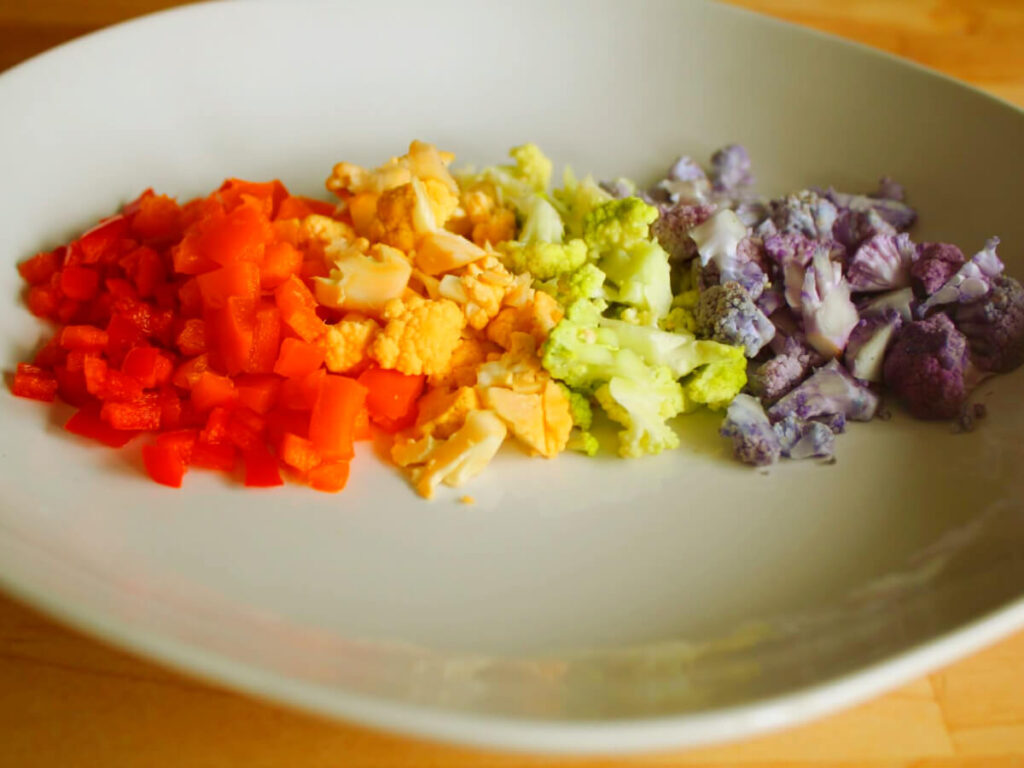 Rainbow Vegan Hummus Pizza chopped vegetables 