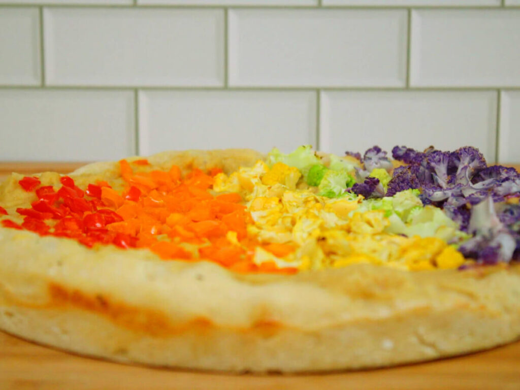 Rainbow Vegan Hummus Pizza done