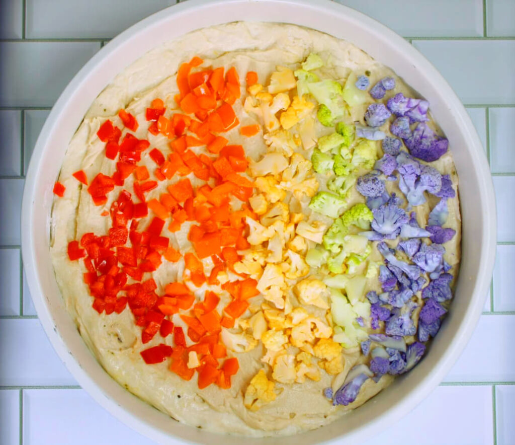 Rainbow Vegan Hummus Pizza rainbow of vegetables