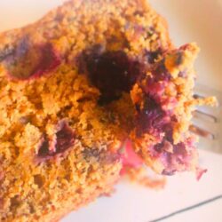 Close-up of Vegan Blueberry Lemon Loaf slice cut, showing juicy blueberries and golden crust.