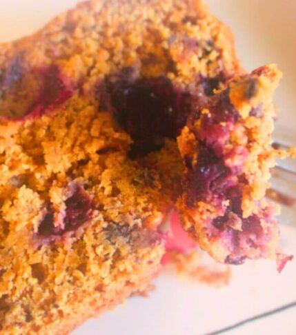 Close-up of Vegan Blueberry Lemon Loaf slice cut, showing juicy blueberries and golden crust.