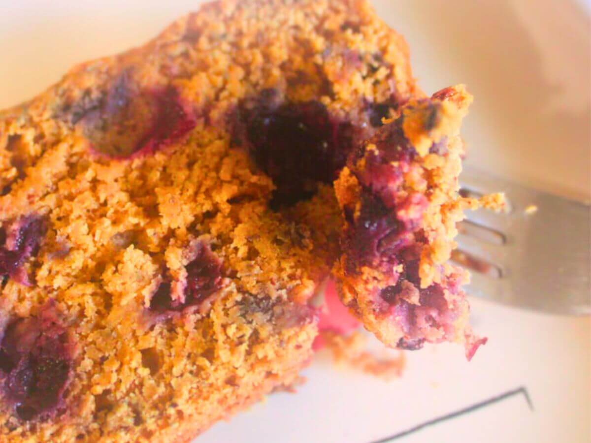 Close-up of Vegan Blueberry Lemon Loaf slice cut, showing juicy blueberries and golden crust.