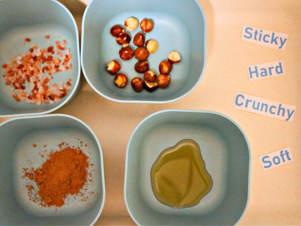 Bowls of cacao powder, maple syrup, hazelnuts, and pink salt with sensory words for a cooking activity