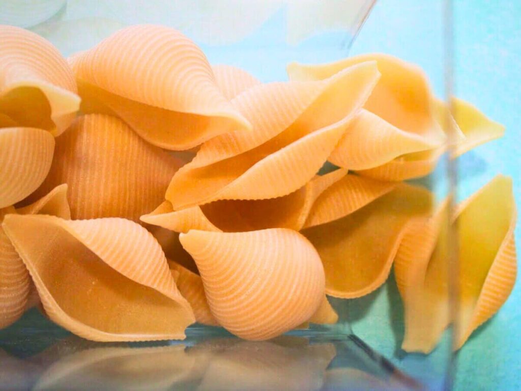 Uncooked jumbo pasta shells in a bowl