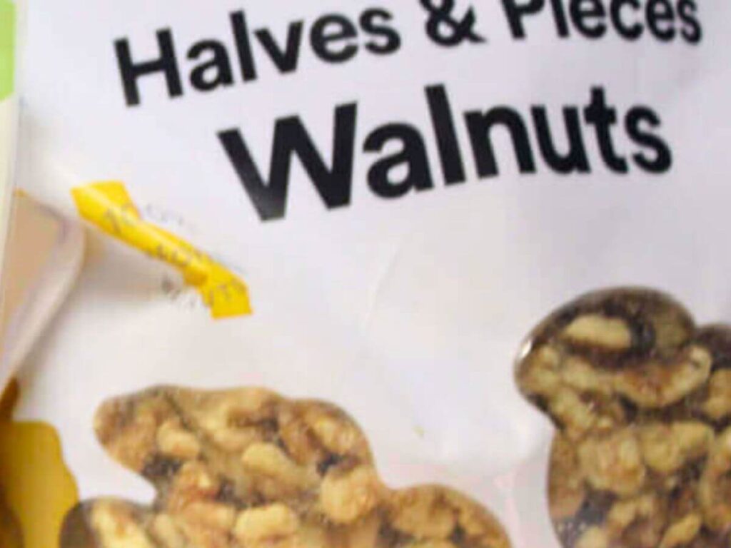 Bag of walnuts used in vegan banana walnut muffins