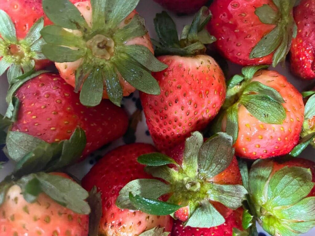 close up of fresh strawberries showing texture and seeds