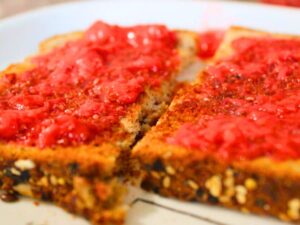 homemade sugar-free strawberry jam spread on toast