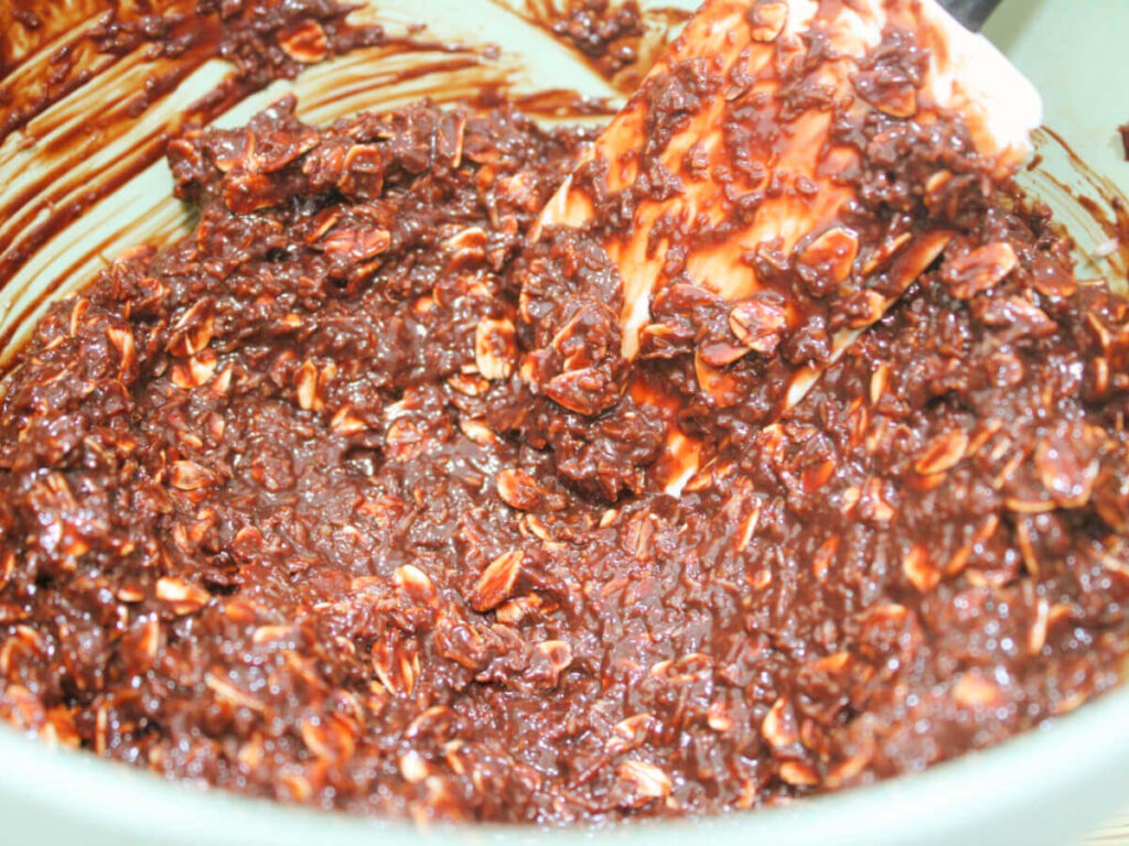 Chocolate oat mixture with cacao powder, coconut, vanilla, agave, and plant-based milk in a mixing bowl