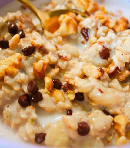 Healthy vegan fall oatmeal topped with chocolate chips, chopped pecans, and a dollop of plant-based milk in a white bowl
