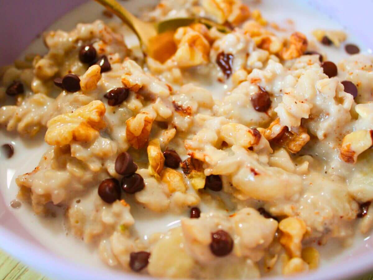 Healthy vegan fall oatmeal topped with chocolate chips, chopped pecans, and a dollop of plant-based milk in a white bowl