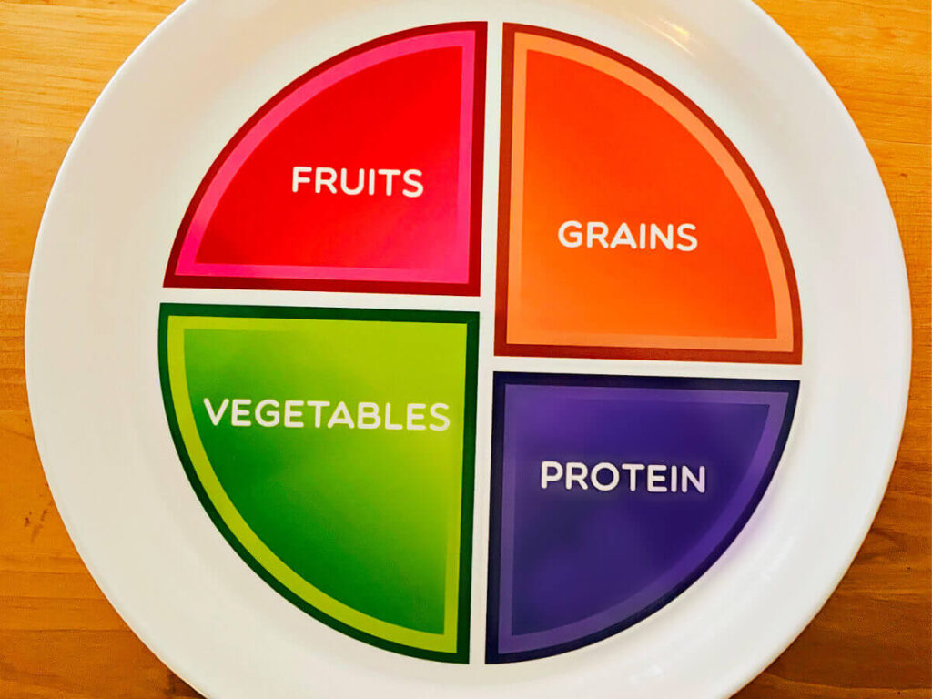 Colorful divided plate showing fruit, grains, vegetables, and protein in separate sections.