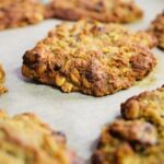 Close up of vegan banana bread breakfast cookies with golden edges