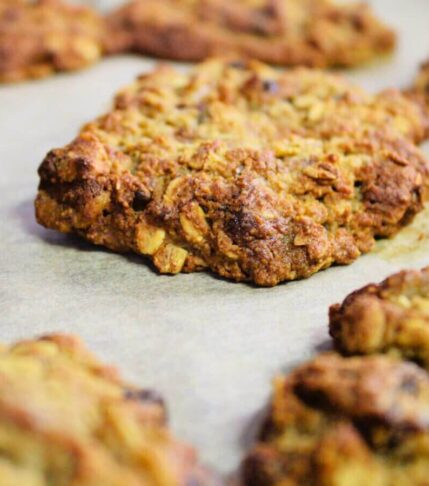 Close up of vegan banana bread breakfast cookies with golden edges
