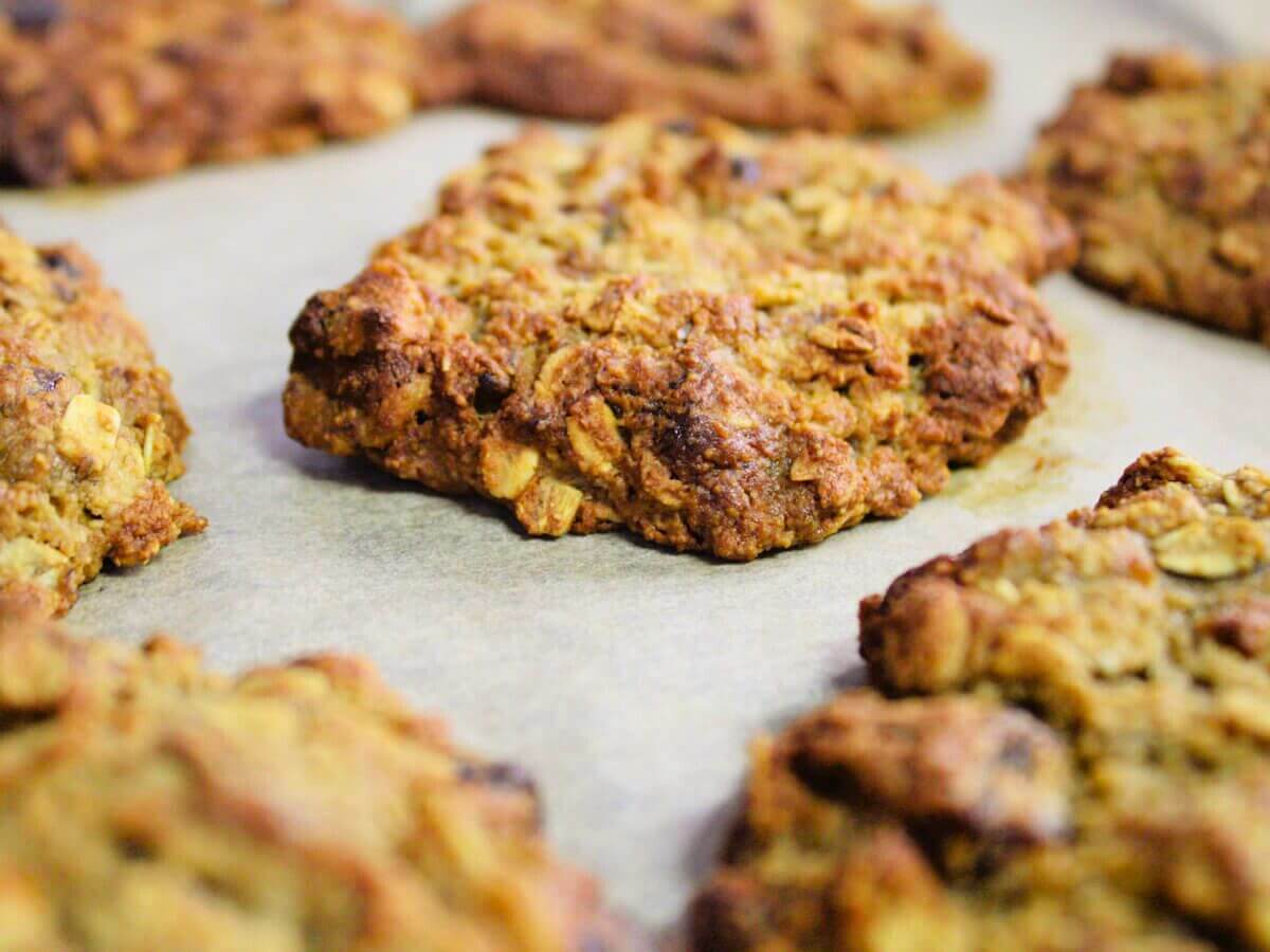 Close up of vegan banana bread breakfast cookies with golden edges