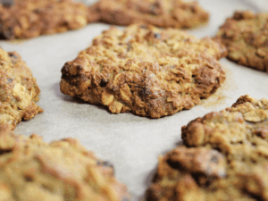 Close up of vegan banana bread breakfast cookies with golden edges