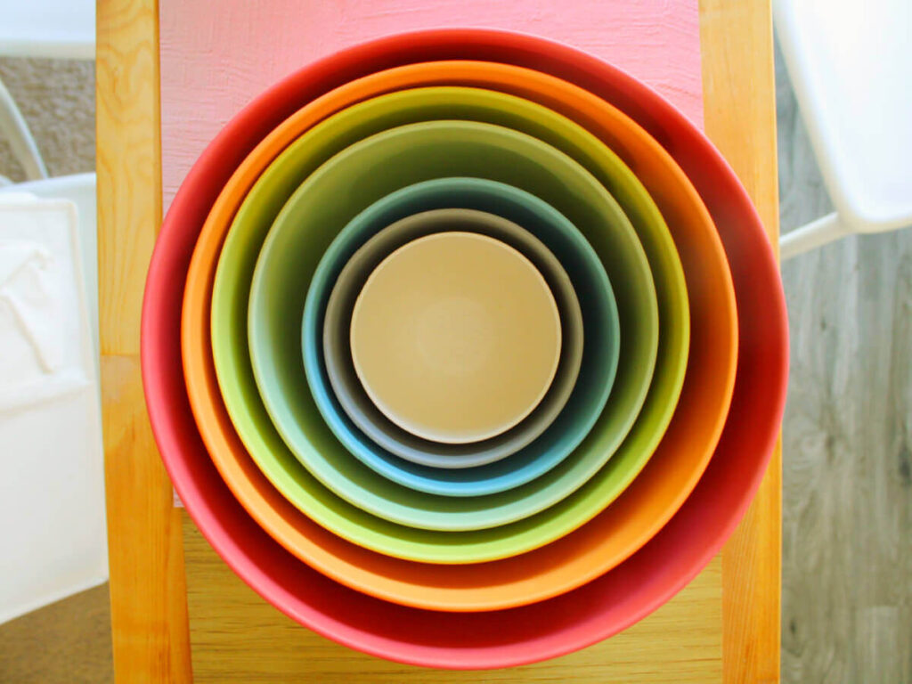 Overhead view of colorful Bamboozle mixing bowls on kitchen counter